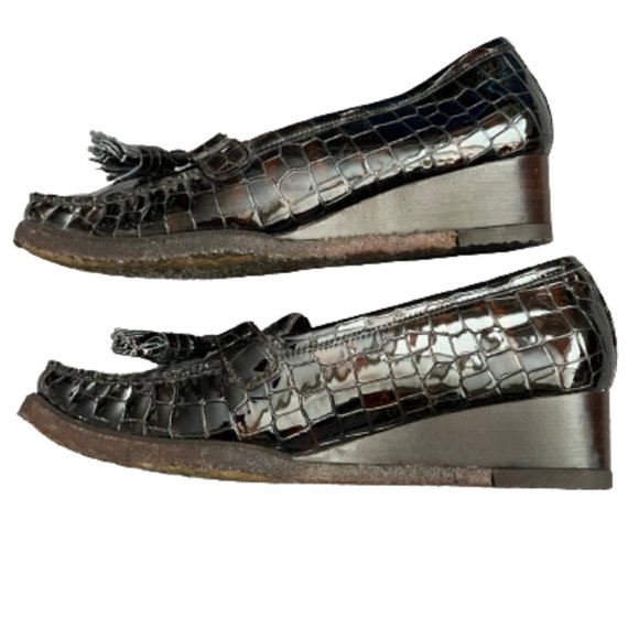 Stuart Weitzman moc croc wedge tassel loafers - Picture 2 of 5